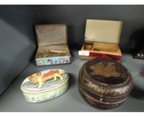 An enamalled trinket box and contents including a mother of pearl handled pen knife, and vintage tin etc