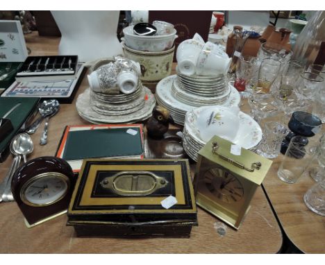 A selection of ceramics including a Mayfair part dinner service, carriage clock cash box etc