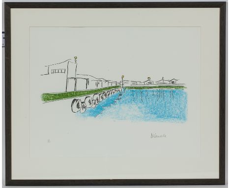 NELSON MANDELA,
MY ROBBEN ISLAND - THE HARBOUR
coloured lithograph, signed in pencil
48.5cm x 63cm
Mounted, framed and under 