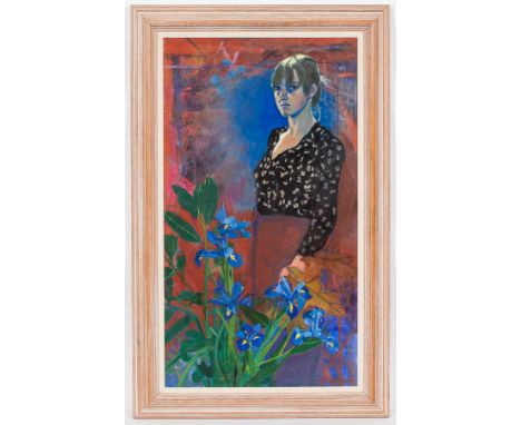 * MAGGIE MILNE (SCOTTISH b 1957),
SELF PORTRAIT WITH IRISES
oil on canvas, signed
97cm x 53.5cm
Framed