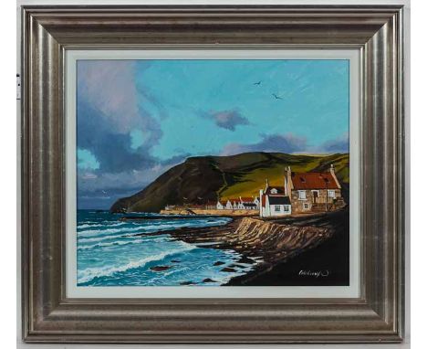 * FRANK COLCLOUGH, 
SHAFT OF LIGHT, CROVIE 
oil on board, signed 
51cm x 61cm
Framed and under glass 