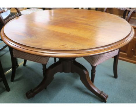 A Victorian mahogany circular breakfast table with turned support on tripod base, 74cm high x 114cm diameter Condition Report