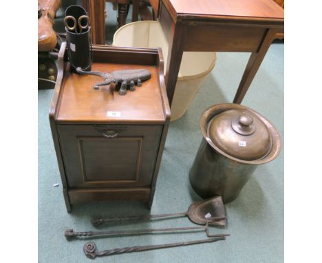 A mahogany coal depot, copper coal bucket with lid fire tools etc Condition Report: Available upon request