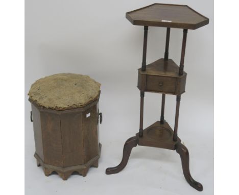 A Georgian style mahogany three tier washstand with single drawer on tripod base, 80cm high and an oak coal depot (2) Conditi