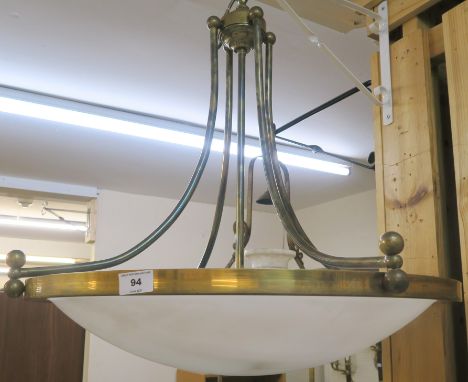 A large brass circular ceiling light with opaque shade, 65cm high x 65cm diameter Condition Report: Available upon request