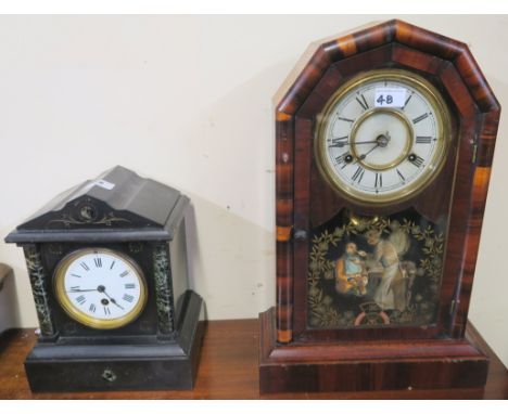 A black slate mantle clock and a walnut clock with painted glass door (2) Condition Report: Available upon request