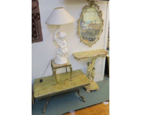 An ornate console table with onyx top, coffee table, side table, wall mirror and cherub table lamp (5) Condition Report: Avai