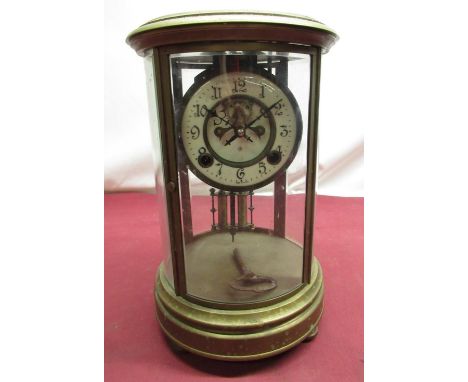 Ansonia, early C20th brass four glass mantel clock, white enamel Arabic dial with visible escapement, two train signed moveme