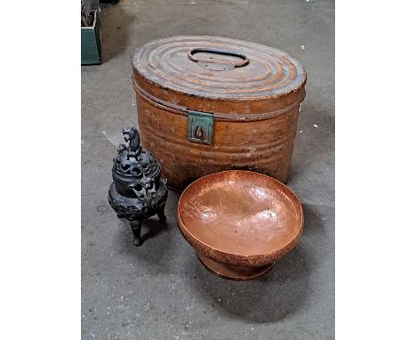 an oval hat box, a hammered copper bowl, a Japanese bronze censor, 