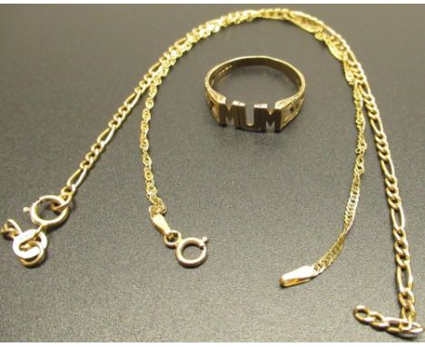 9ct gold hallmarked MUM ring, 9ct fine link bracelet (A/F) and a similar Italian bracelet stamped .375, 3.2g (3) 