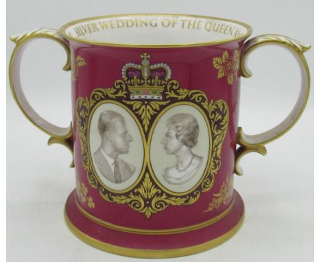 Spode Silver Wedding of Queen Elizabeth &amp; Duke of Edinburgh, 1947 - 1972 ltd. ed. 200/500 loving cup, puce ground and gil