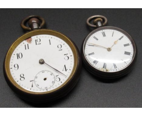 Omega keyless and set pocket watch, white enamel dial with Arabic numerals, rail track minutes and subsidiary seconds, signed