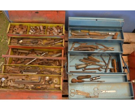 4 metal toolboxes, 3 with tools including socket sets, wrenches, spanners etc (4) 