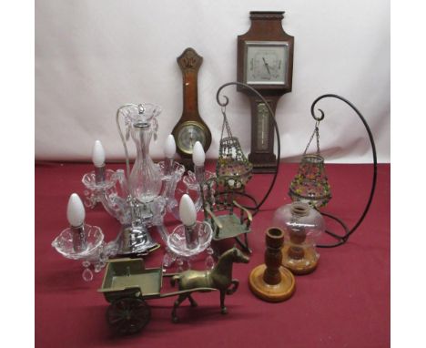 Mixed collection of glasses, ceramics, brassware, etc inc. Chandelier style light fitting, Partial Queens China tea set, 2 ba