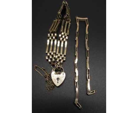 9ct yellow gold three bar gate bracelet with heart padlock clasp and safety chain, stamped 375, and a 9ct yellow gold bracele