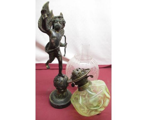 C20th eighteenth century style cast metal Cupid with gilded finish, arms outstretched on globe, overall H44cm, Victorian opal
