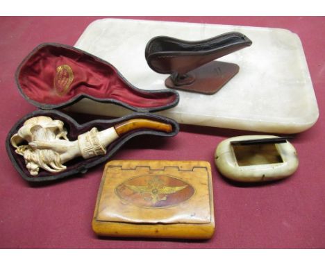 L Goetsch late C19th French cased pipe with amber mouth piece, late C19th maple snuff box with inset brass double headed eagl