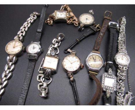 1930's Swiss cocktail watch lozenge shaped case set with marcasite (AF), two Ingersoll ladies 7 jewel wrist watches, ladies A