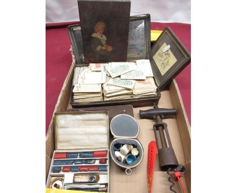 Early C20th miniature portrait of Pears Bubbles, oil on canvas 13cm x 18cm, collection of cigarette cards, sealing wax, early