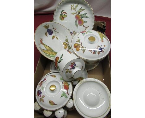Royal Worcester Evesham table ware comprising flan dish, fruit bowl, terrines, salt and pepper etc 