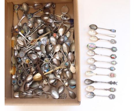 Large collection of silver plate and enamel souvenir spoons with some continental white metal and enamel spoons (marked 800 t