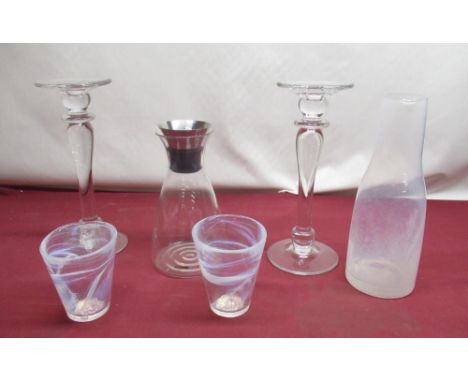 C20th Kosta Boda, Sweden milky glass water carafe, H28cm, pair of similar tumblers, pair of lead crystal candle sticks H29cm,