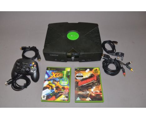 Original XBox with controller, power cord and AV cables. Tested, turns on, green light flashes but disc tray appears stuck. A