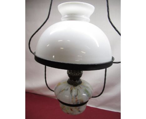 Early C20th hanging oil lamp, heavy gauge wire work skeletal mounts, mottled glass reservoir with glass shade H63cm 