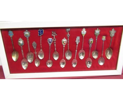 Cheryl Baker Collection - collection of fifteen Continental souvenir tea spoons, some with enamel detail, framed and glazed, 