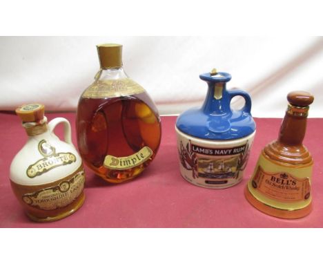 John Haig &amp; Co Ltd. twelve year old Deluxe Scotch Whisky Dimple 1ltr, Lambs Navy Rum decanter 750ml depicting HMS Warrior