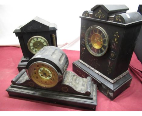 Late C19th French slate mantel clock, drum head with Arabic dial H27cm, two train movement, lacking rear back plate, two othe