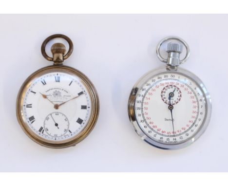 Thomas Russell &amp; Son Liverpool open faced keyless pocket watch, signed white enamel dial with Roman numerals, rail track 