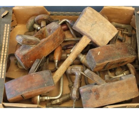 Collection of woodworking tools including hand drills, block planes, mallet etc 