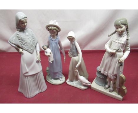 Lladro figure of a girl with cello, Nao figure of a goose girl, Nao figure of a girl with doll (A/F) and a Casades figure 