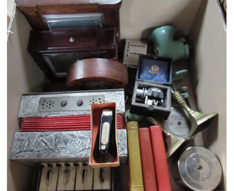 YEB and Leeds Electricity Dept. money banks, small piano accordian, Jaz mantel clock, aneroid barometer, Vintage mincer and o