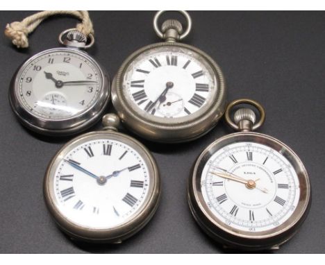 Swiss keyless wound and set military style open faced pocket watch, unsigned white enamel dial with Roman numerals, rail trac