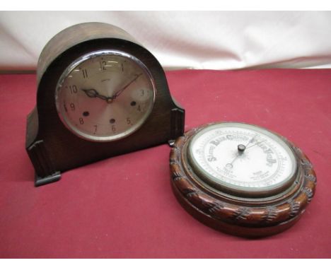 1950s Smiths of Enfield, oak Westminster chiming mantel clock with Arabic dial, with Malton Retailers label, and an early C20