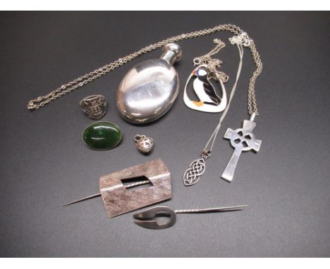 Early C20th hallmarked Sterling silver scent bottle and a collection of silver jewellery including a heraldic signet ring, an