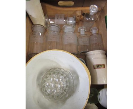 Collection of Kitchenalia incl. six clear glass storage jars for Starch, Sodium Metal, Nitric Acid Pure etc, earthenware roll