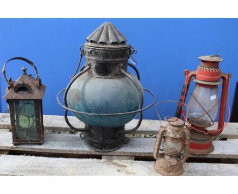 Rare vintage railway lamp with coloured blue globe glass, two hurricane lamps and a vintage candle lamp (4) 