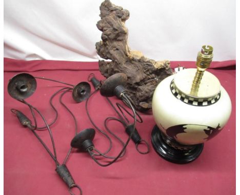 Modern table lamp decorated with pigs, pair nof wrought metal two branch wall lights and a burr wood tree section, (4) 