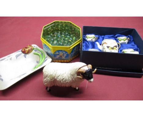 Border Fine Arts Pottery Company "Blackfaced Ram" numbered A4603, Clarice Cliff trinket tray, with relief moulded hand painte