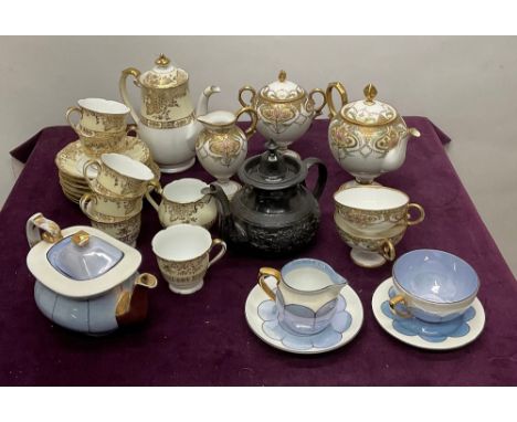 Noritake cream and gold four place coffee set including cups, saucers, coffee pot and milk jug, a Noritake gilded teapot with