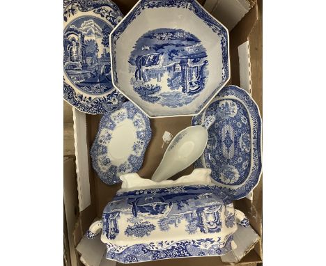 Collection of Spode blue and white ceramics incl. Italian tureen (A/F) and plate, Blue Room Net dish, Large Camilla cup and s