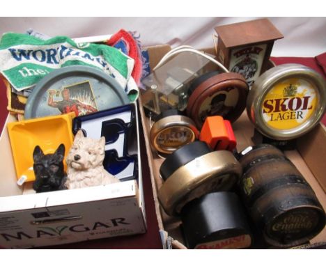 Collection of beer tap heads, incl Tetley, Skol Larger, Scotch "Black and White" whiskey, bar ashtrays etc 