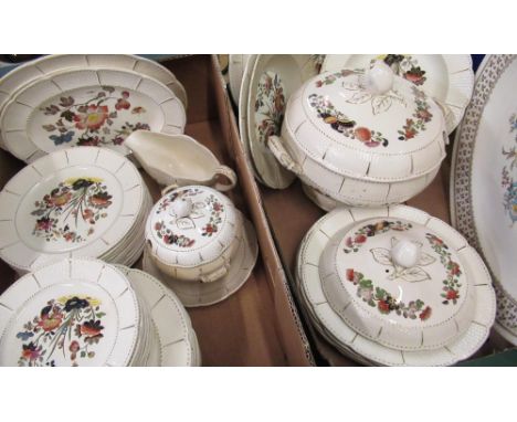 Groups Wedgwood Etruria part dinner service transfer printed and enamelled with Imari style foliage in basket weave moulded b