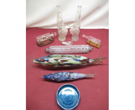 Two Mdina style glass fish, Mdina style glass rolling pin, two glass ships in bottles etc 