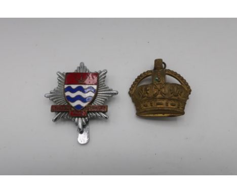 London Fire Brigade red, white and blue enamel cap badge by Marples &amp; Beasley, Birmingham and a crown cap badge (2) 