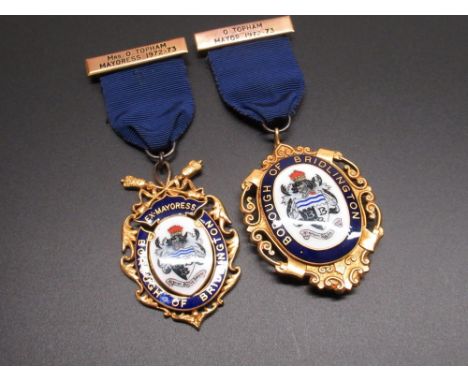 Pair of 9ct hallmarked yellow gold and enamel Borough of Bridlington medals presented to Mr &amp; Mrs O.Topham for services a