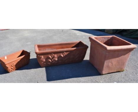 3 terracotta planter troughs, large trough H33cm, square H29cm 